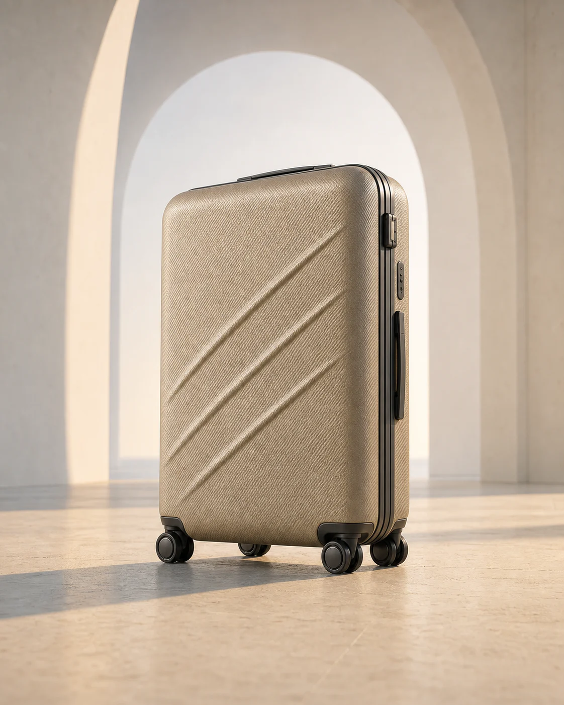 Warm-sand VAYR carry-on presented in a softly lit architectural studio