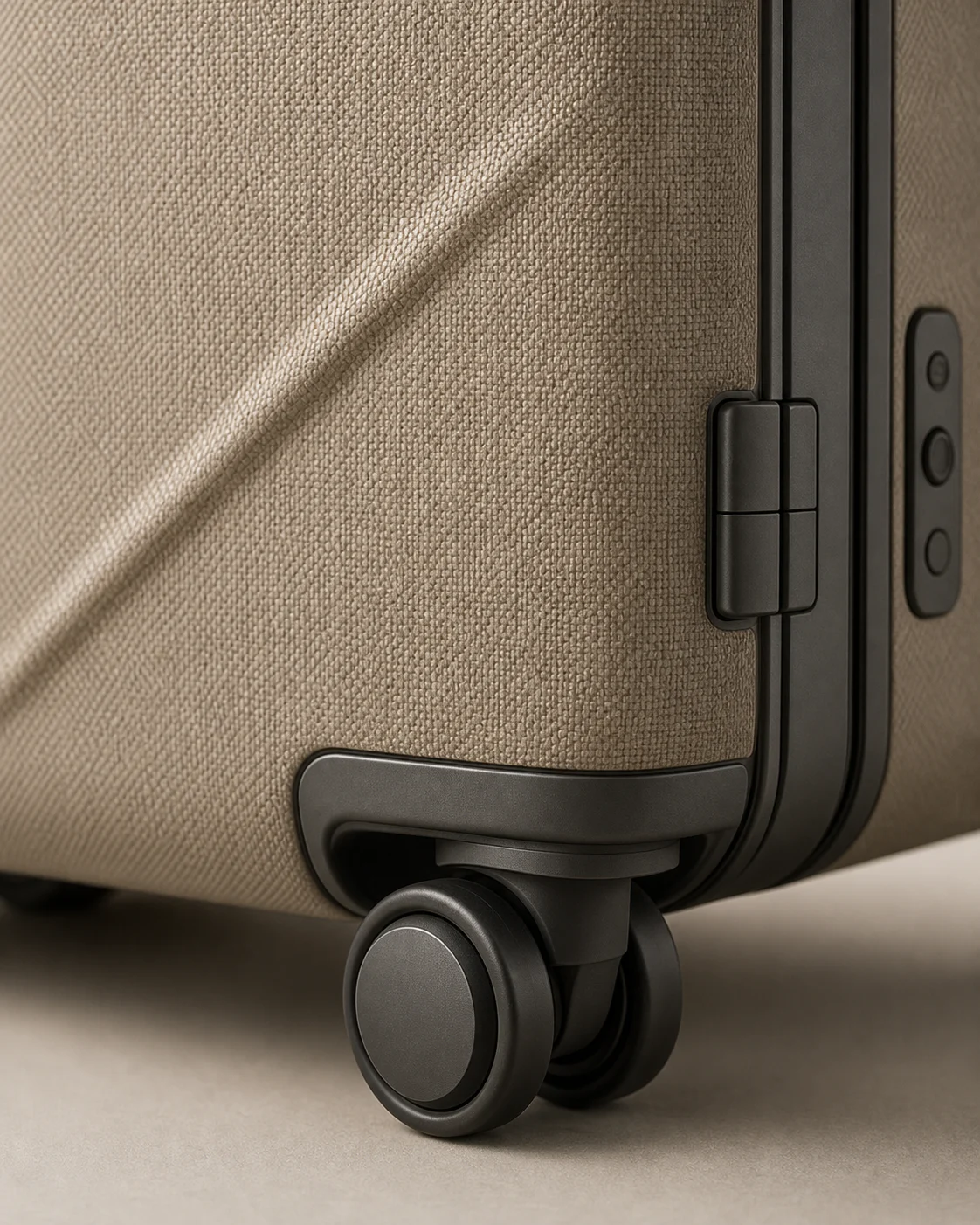 Macro view of the woven composite shell and graphite frame on the VAYR suitcase