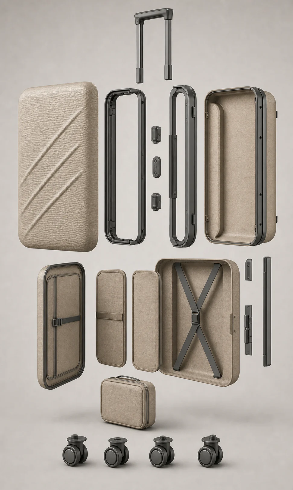 Exploded presentation of the VAYR carry-on shell, interior, frame, handle, and wheel assemblies