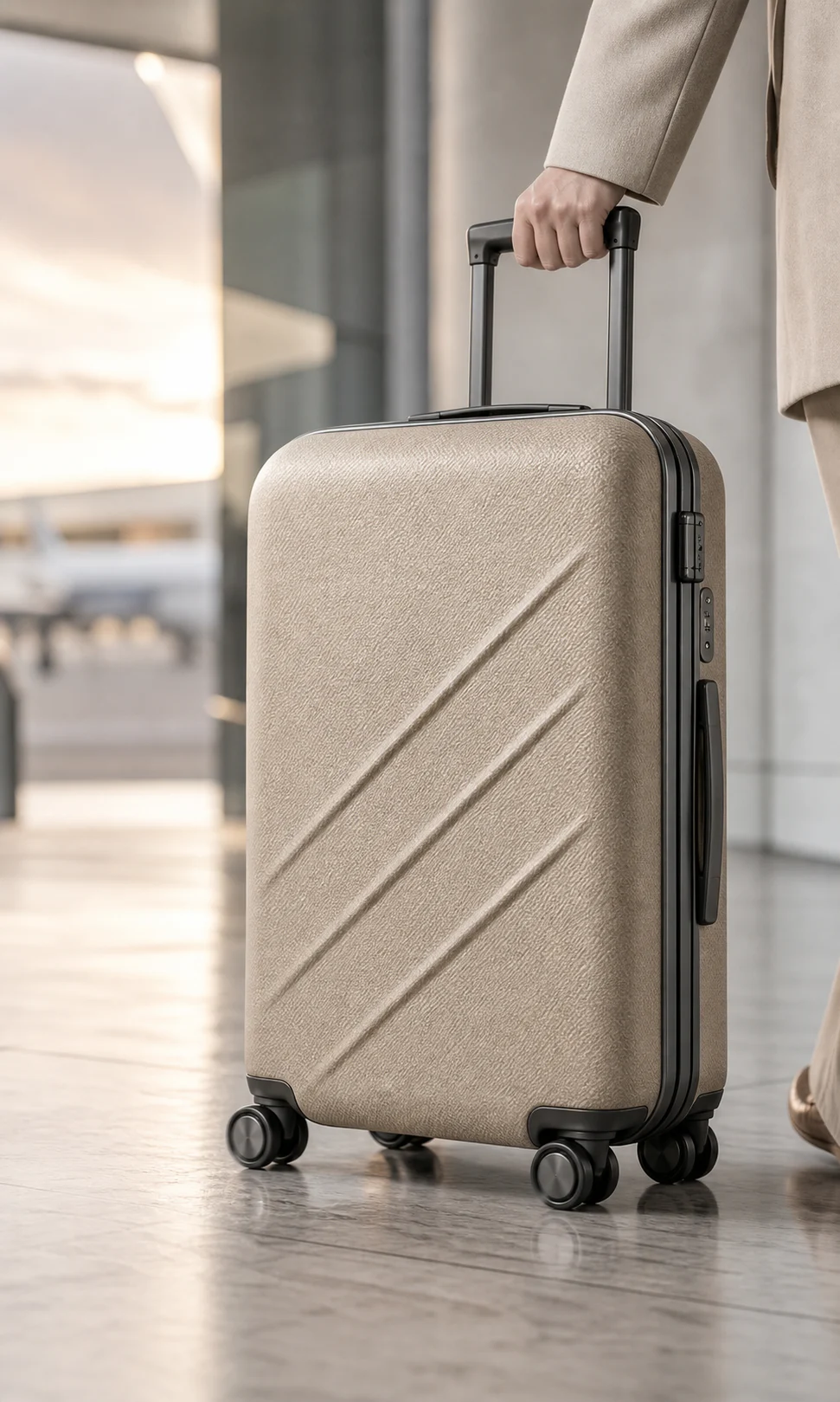 VAYR Aeroshell Cabin suitcase moving through a bright contemporary airport