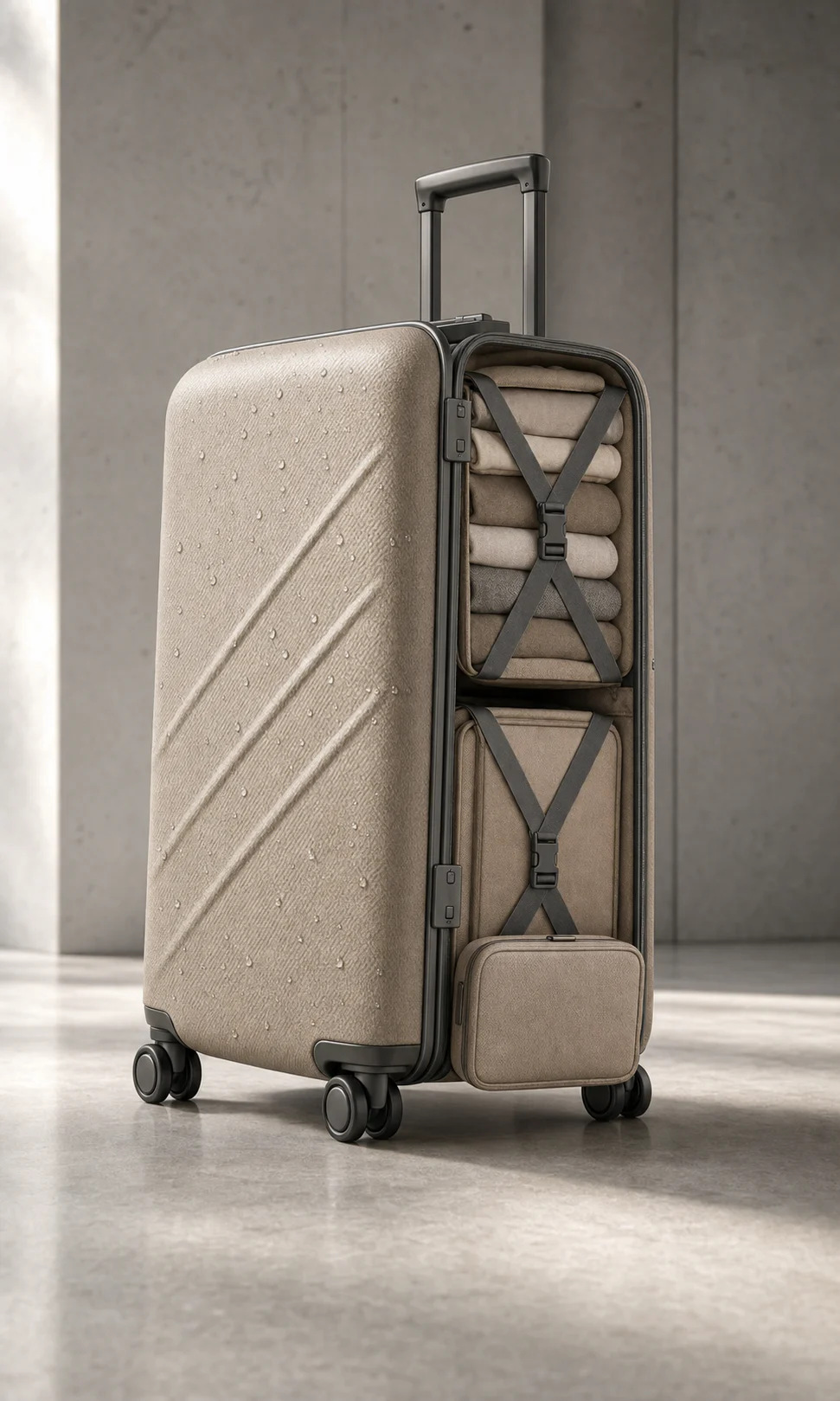 VAYR carry-on shown open with organized oat microfiber interior and compression panels