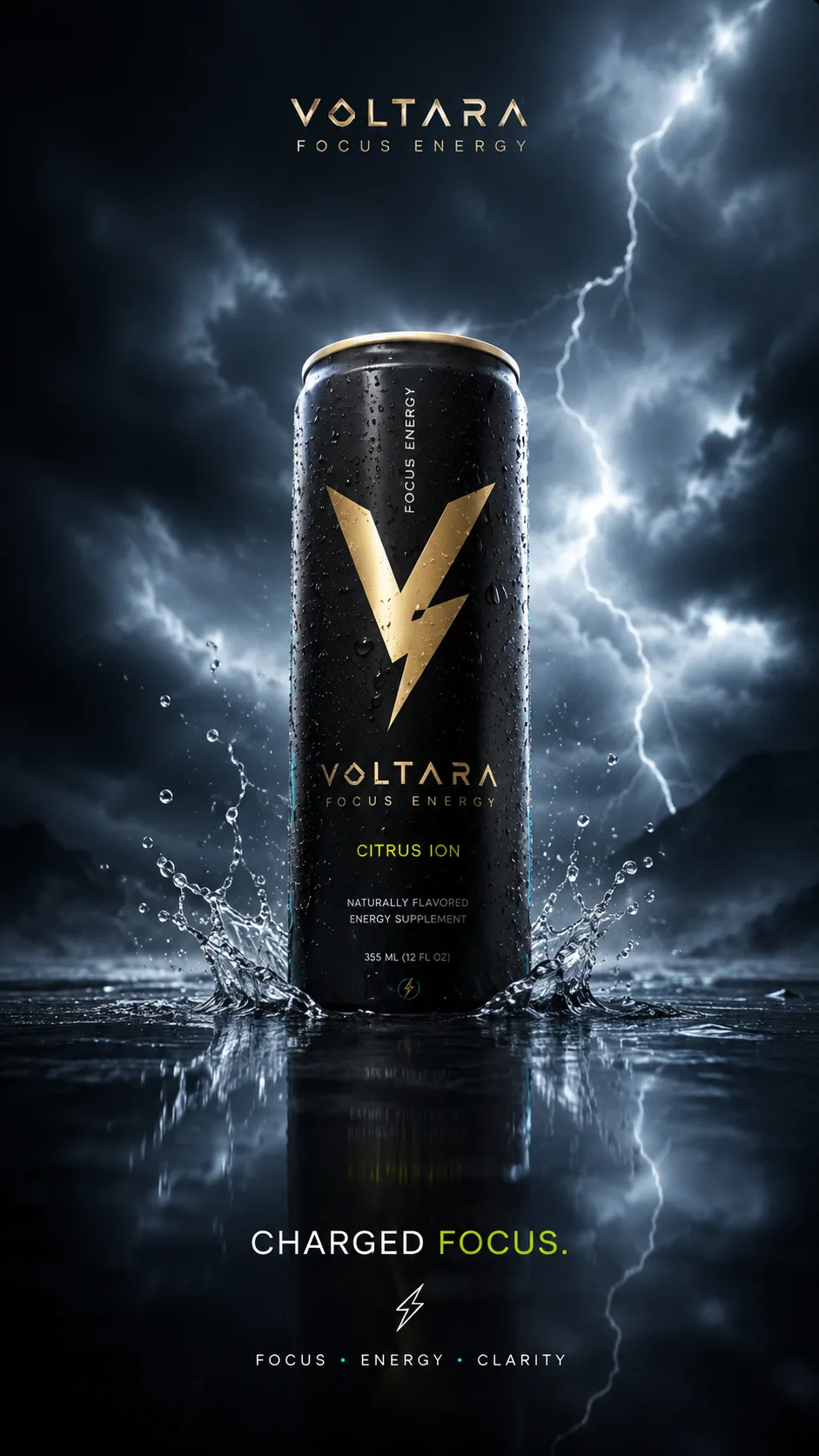 Voltara Citrus Ion energy drink can in storm lighting with water splash