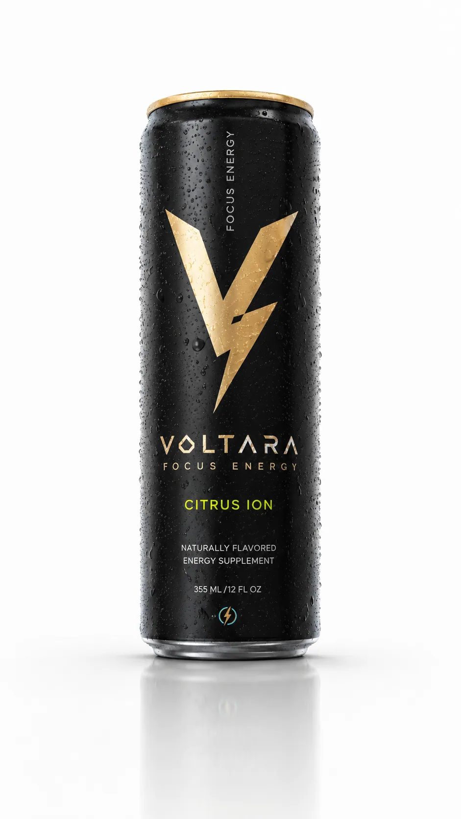 Voltara Citrus Ion energy drink can on a white studio background