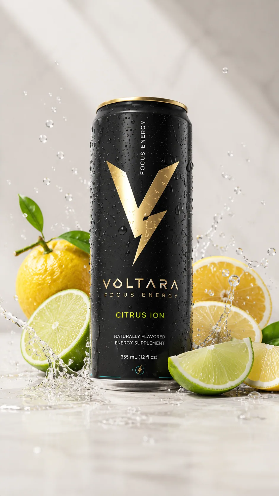 Voltara energy drink can with lemon and lime splash on a bright surface