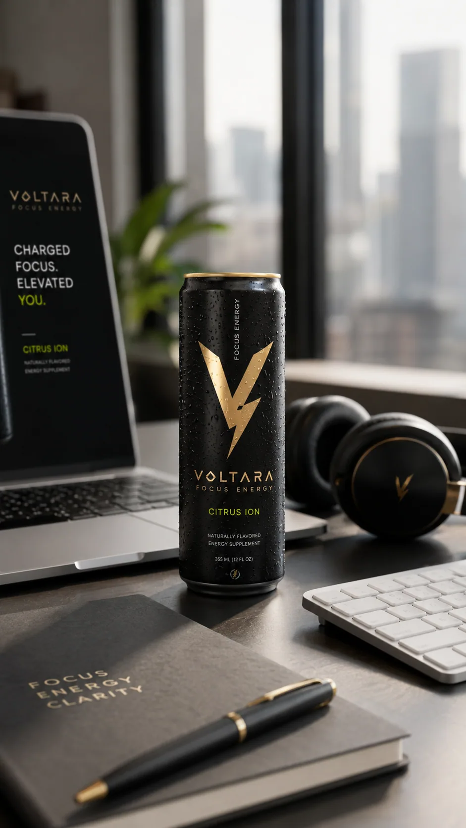 Voltara can on a desk beside headphones, a laptop, and a notebook