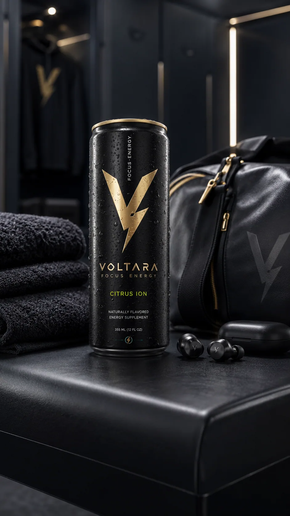 Voltara can in a dark gym bag scene with black fabric and earbuds
