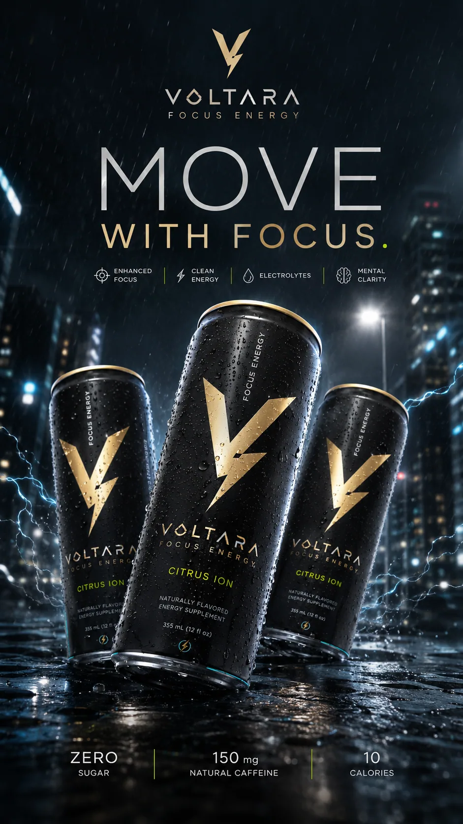 Voltara cans in a rainy city scene with move with focus campaign text