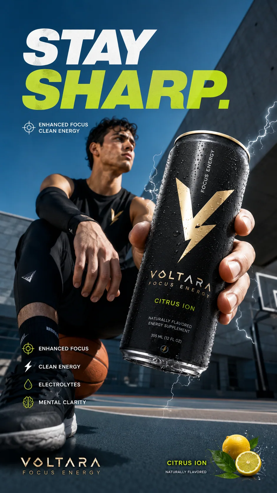 Voltara Stay Sharp campaign post with athlete and energy drink can