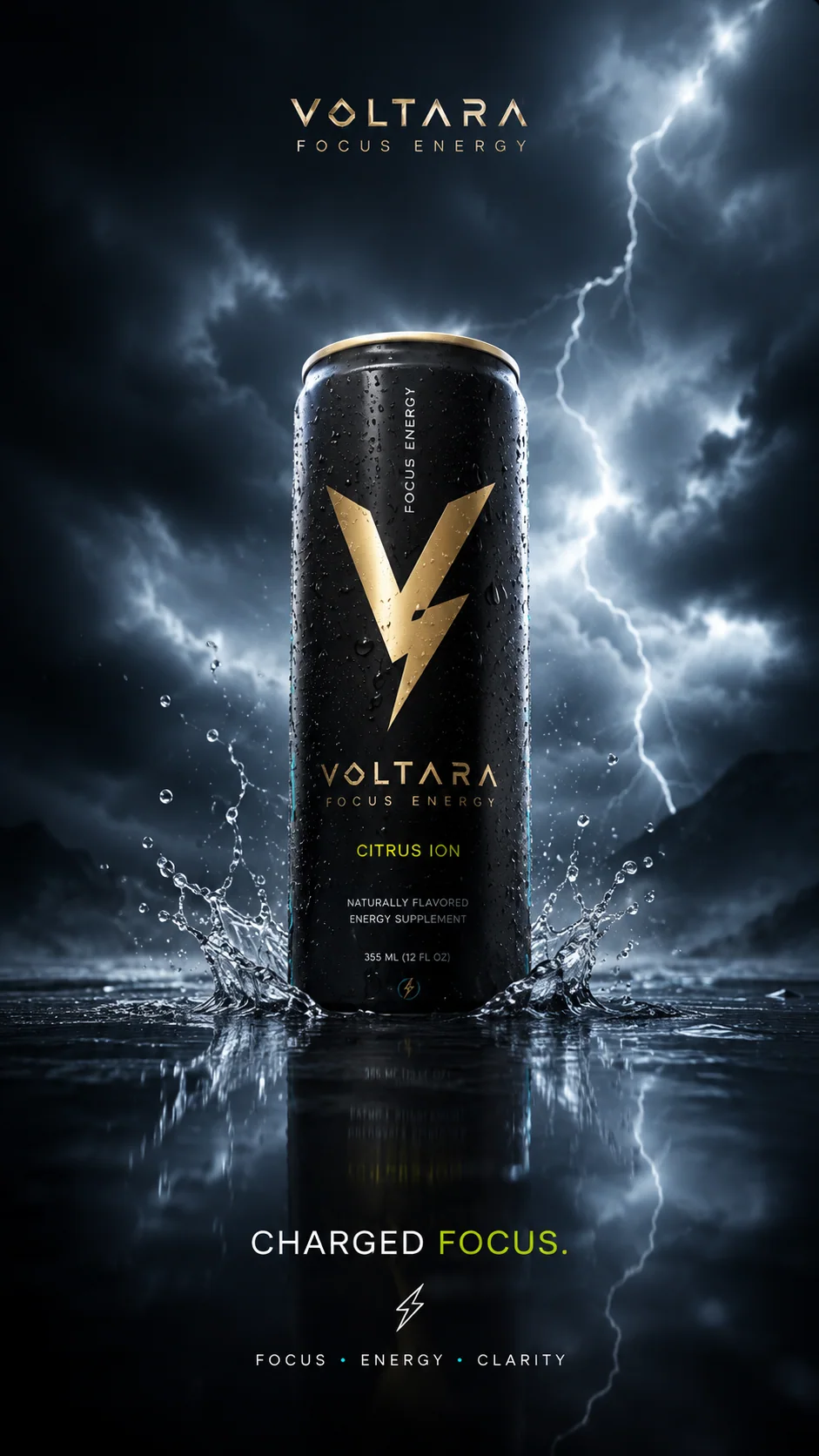 Voltara Citrus Ion can with lightning and water splash campaign visual