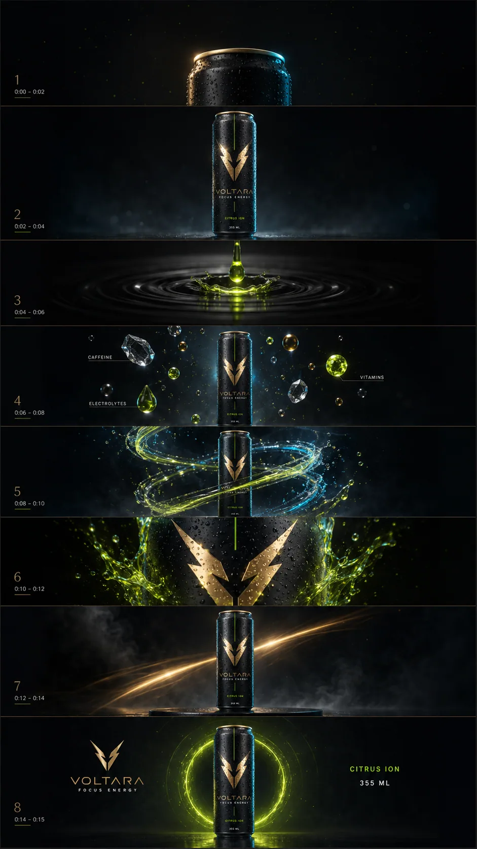 Voltara storyboard with can reveal, energy burst, and citrus motion frames