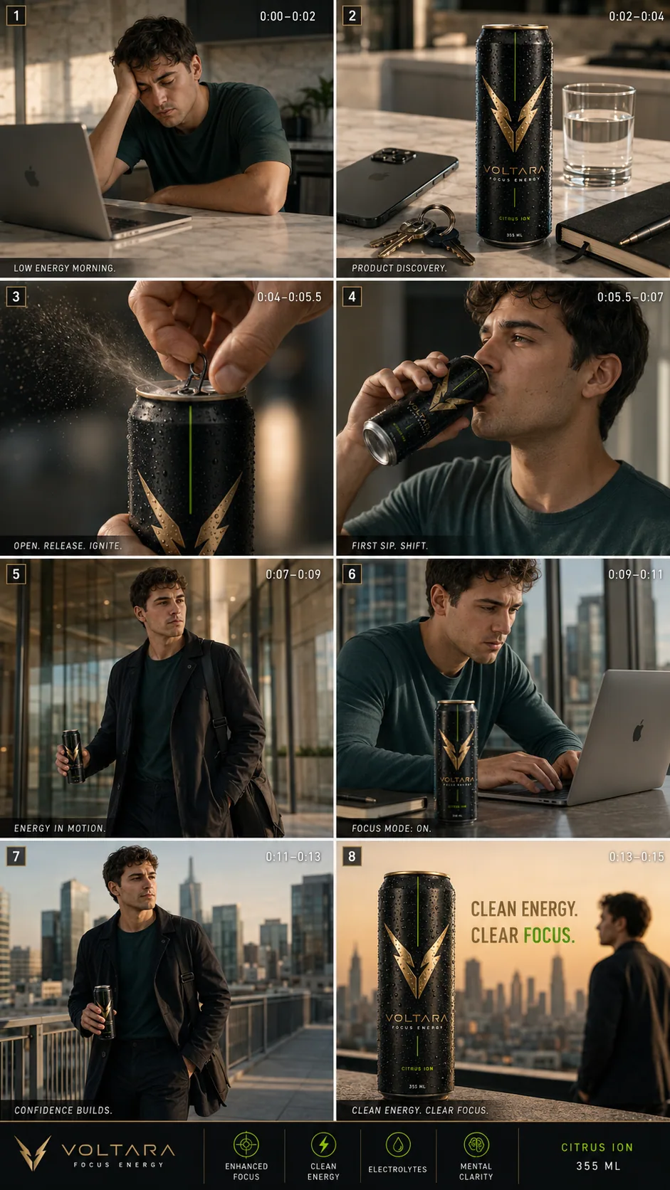 Voltara storyboard with lifestyle scenes, focus moments, and campaign frames