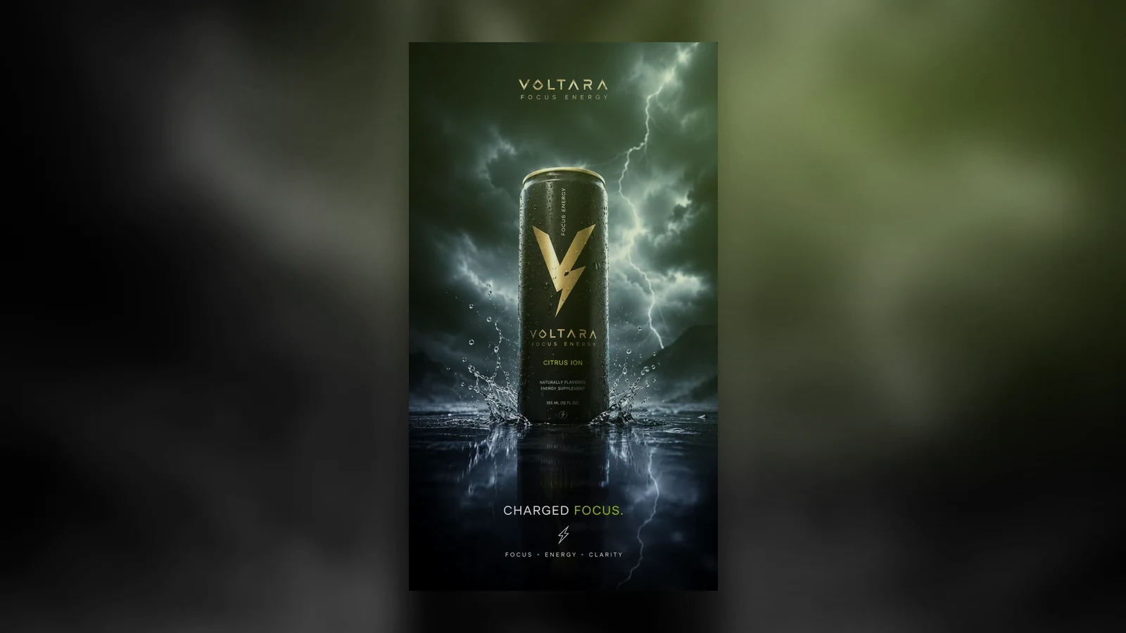 Voltara energy drink thumbnail with lightning, water splash, and green citrus accent