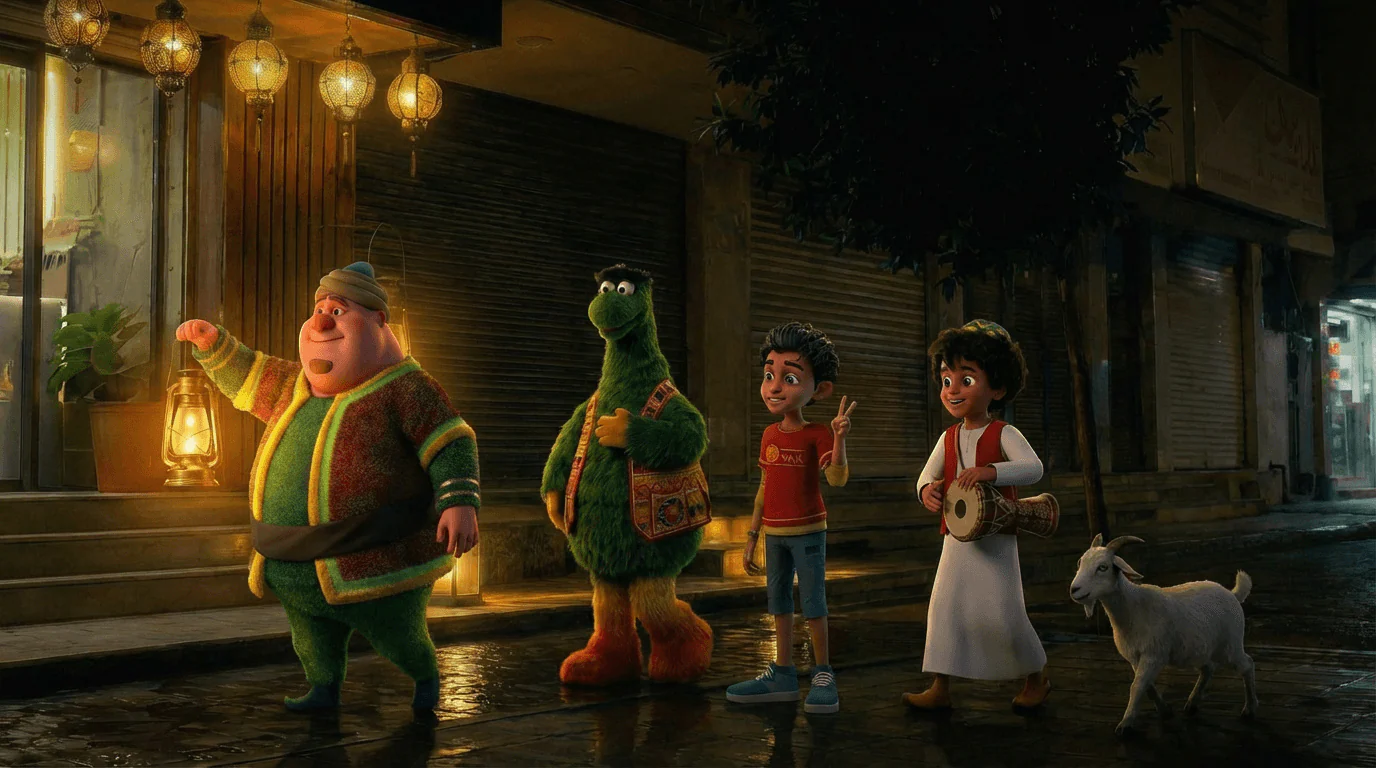 Animated Barber Castle campaign characters walking through a lantern-lit street