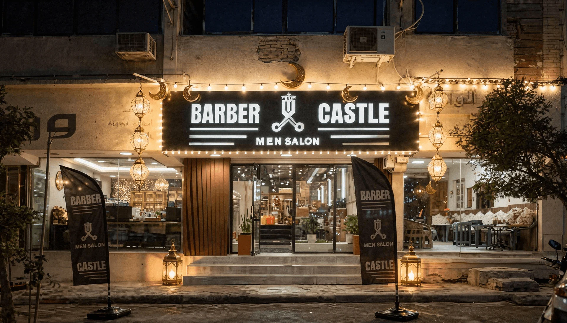 Barber Castle men's salon storefront illuminated at night