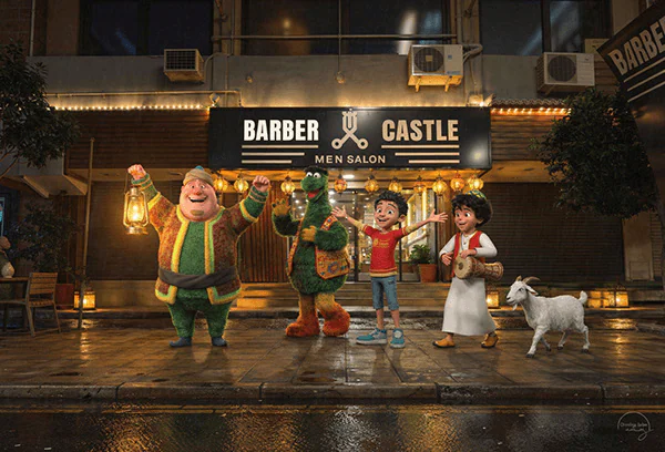 Animated campaign characters gathered outside Barber Castle men's salon