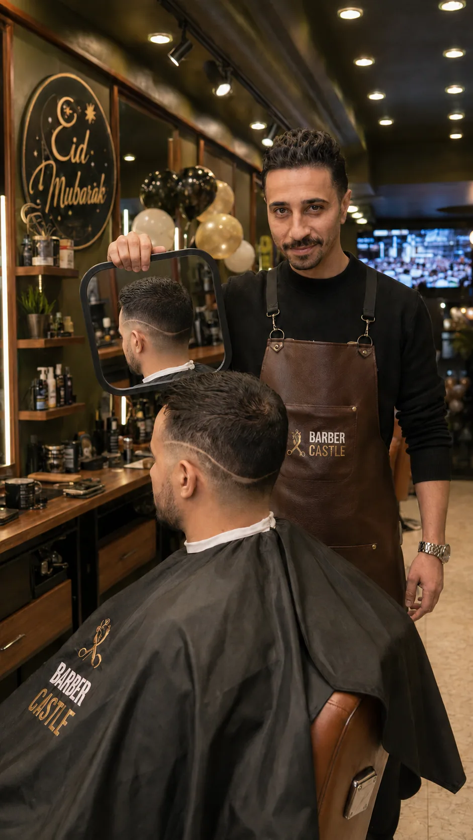 Generated campaign frame of a Barber Castle barber presenting a finished haircut with a mirror