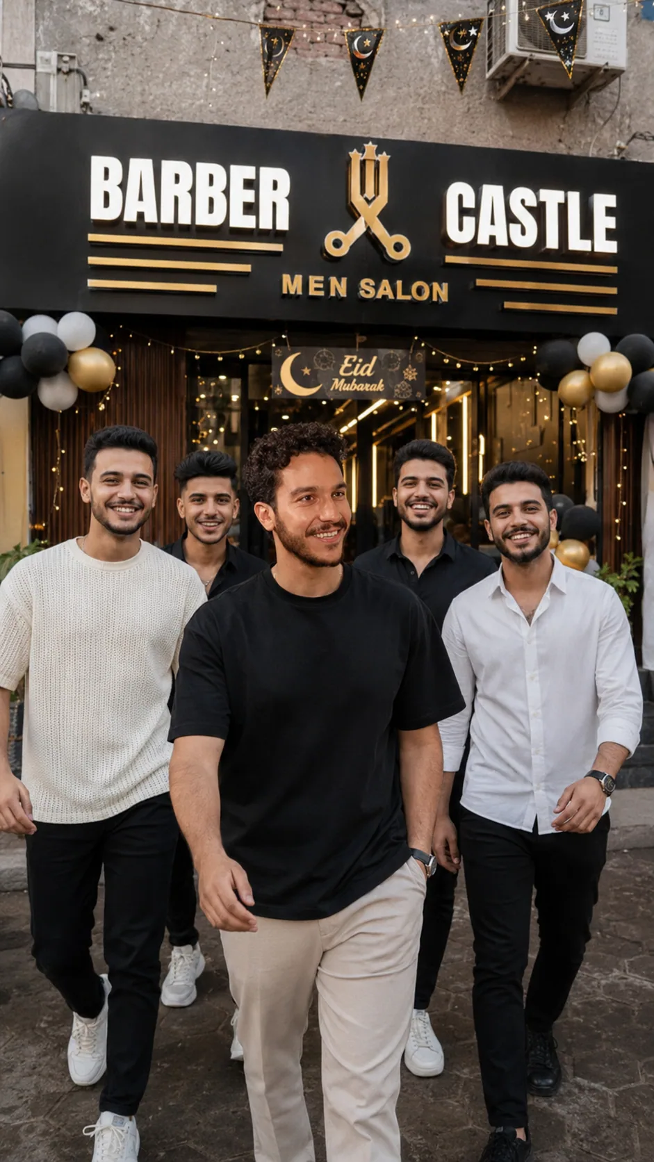 Generated campaign frame of a group walking outside the Eid-decorated Barber Castle storefront