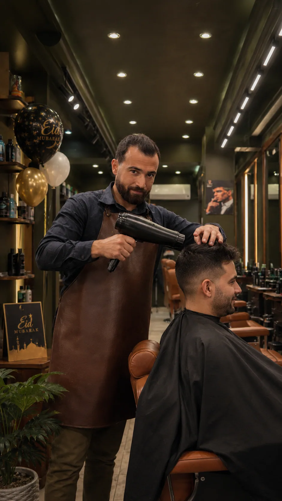 Generated campaign frame of a Barber Castle barber styling a client's hair