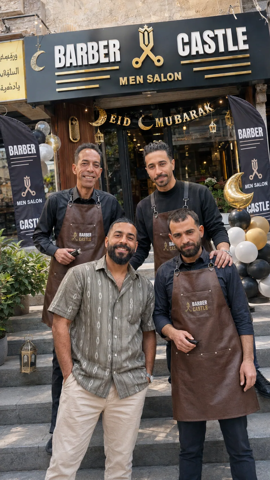 Generated group portrait outside Barber Castle during the Eid campaign