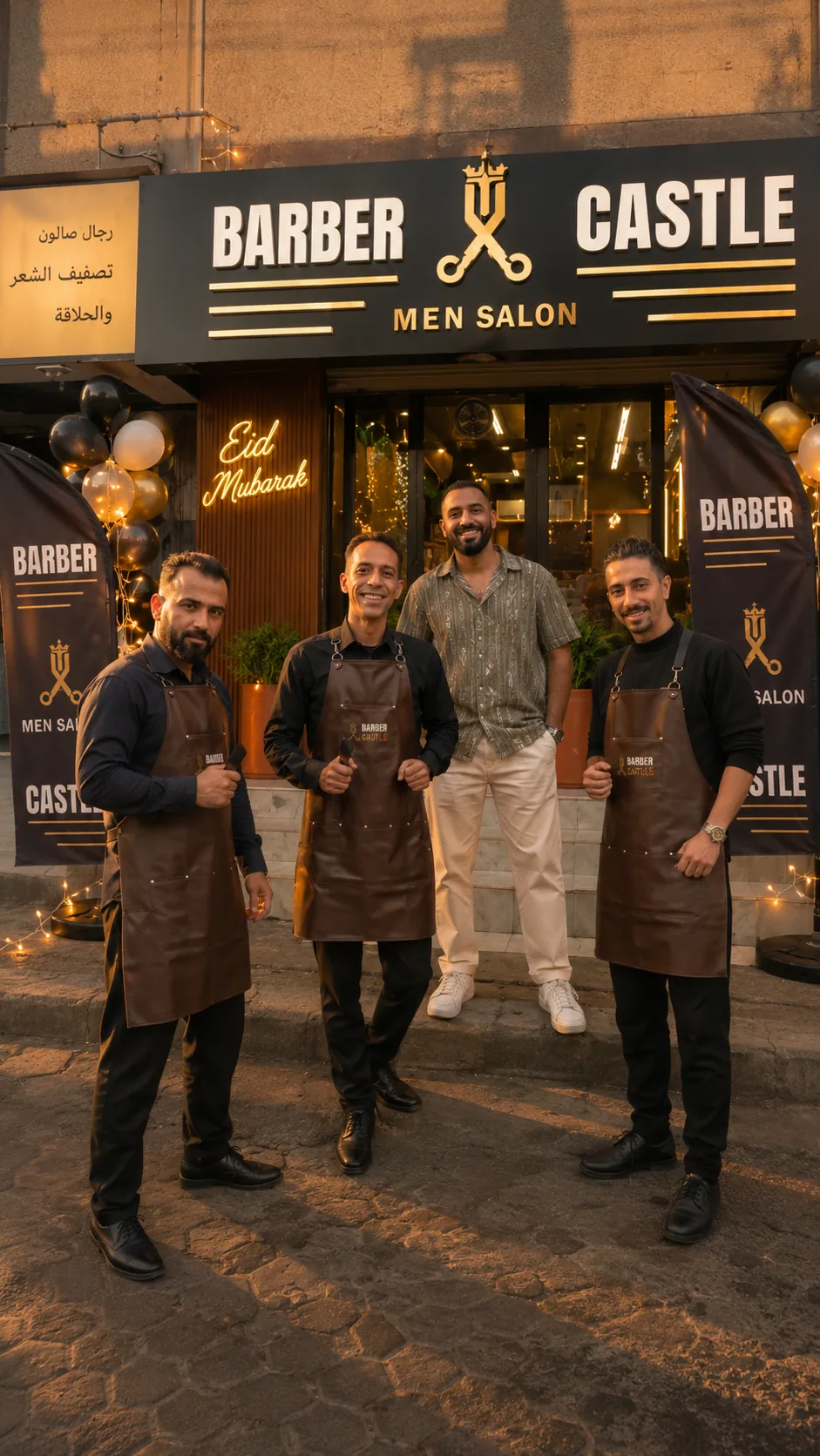 Generated Barber Castle team portrait outside the salon at golden hour