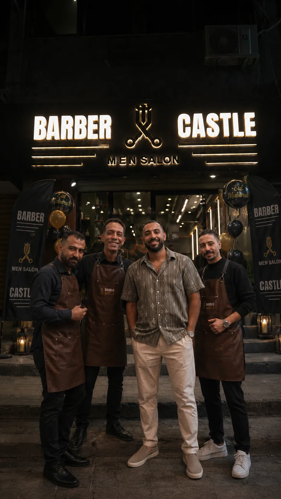 Generated group portrait beneath the illuminated Barber Castle storefront sign