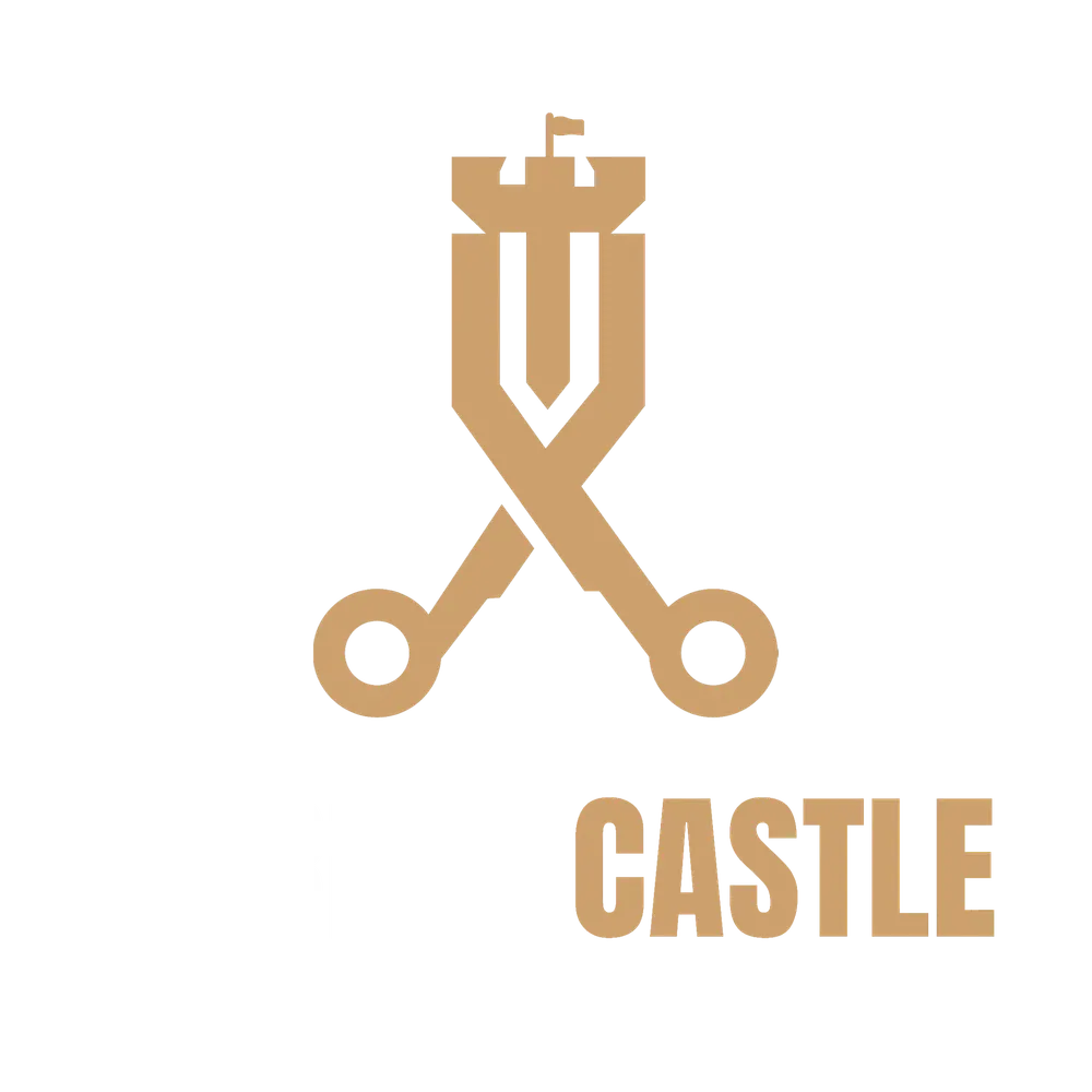 Barber Castle gold scissors and castle logo reference