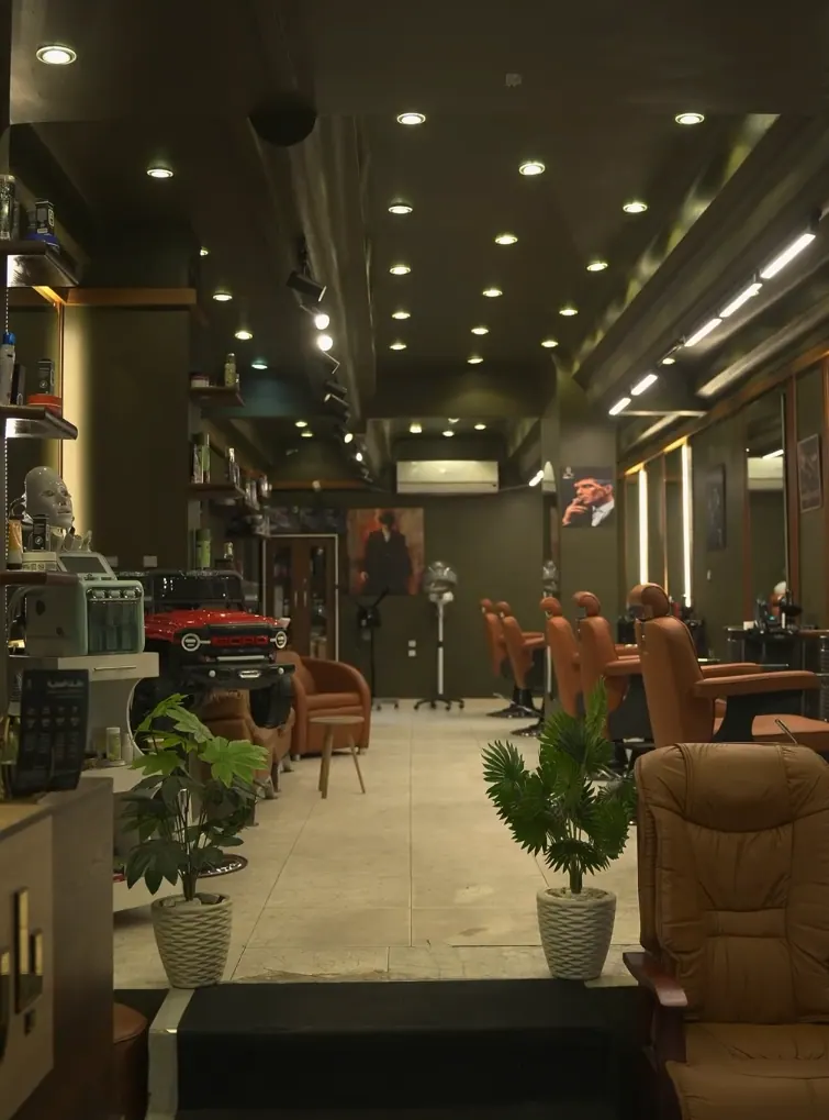 Wide source reference of the Barber Castle salon interior