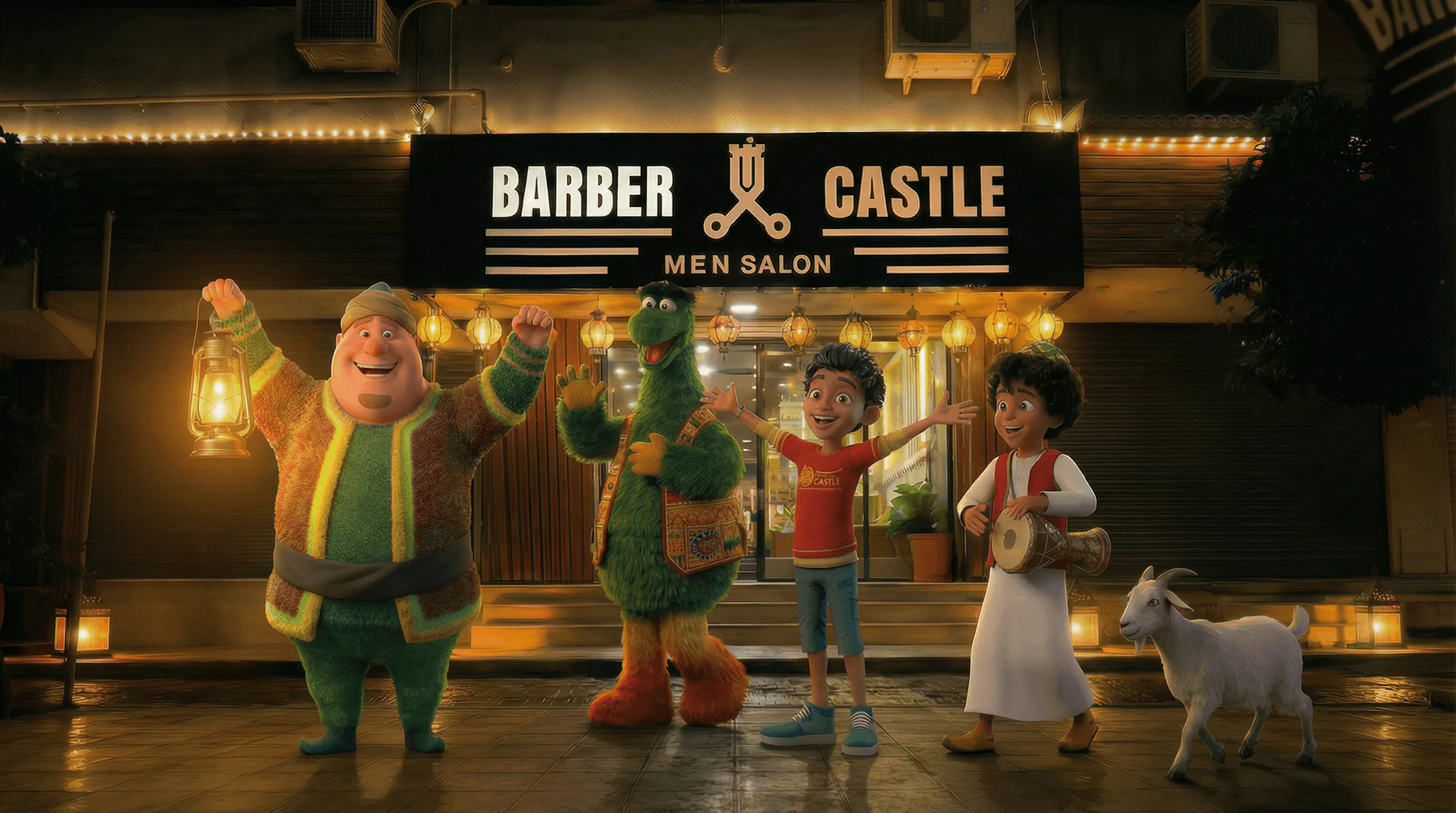 Animated Barber Castle campaign characters outside the men's salon at night