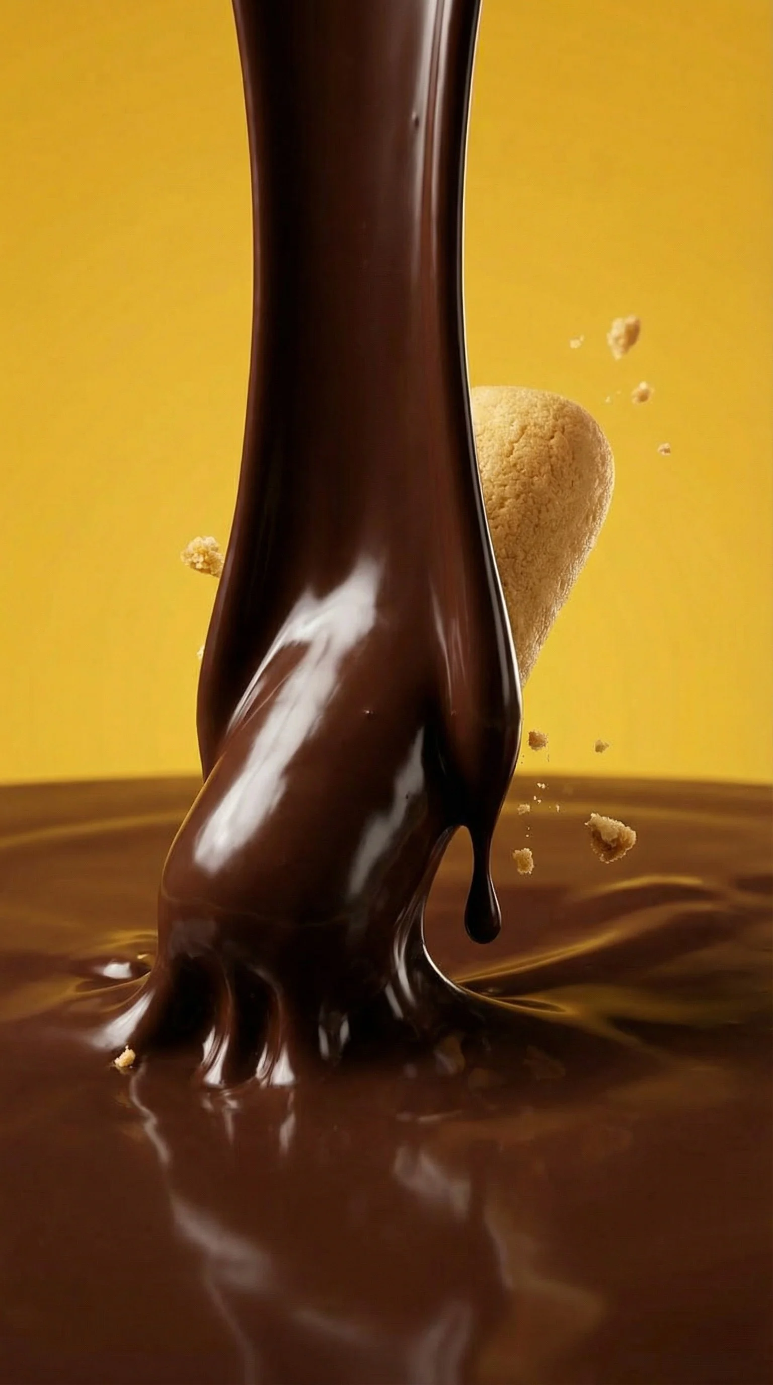 Chocolate coating forms a high-heel silhouette around a biscuit on a yellow background