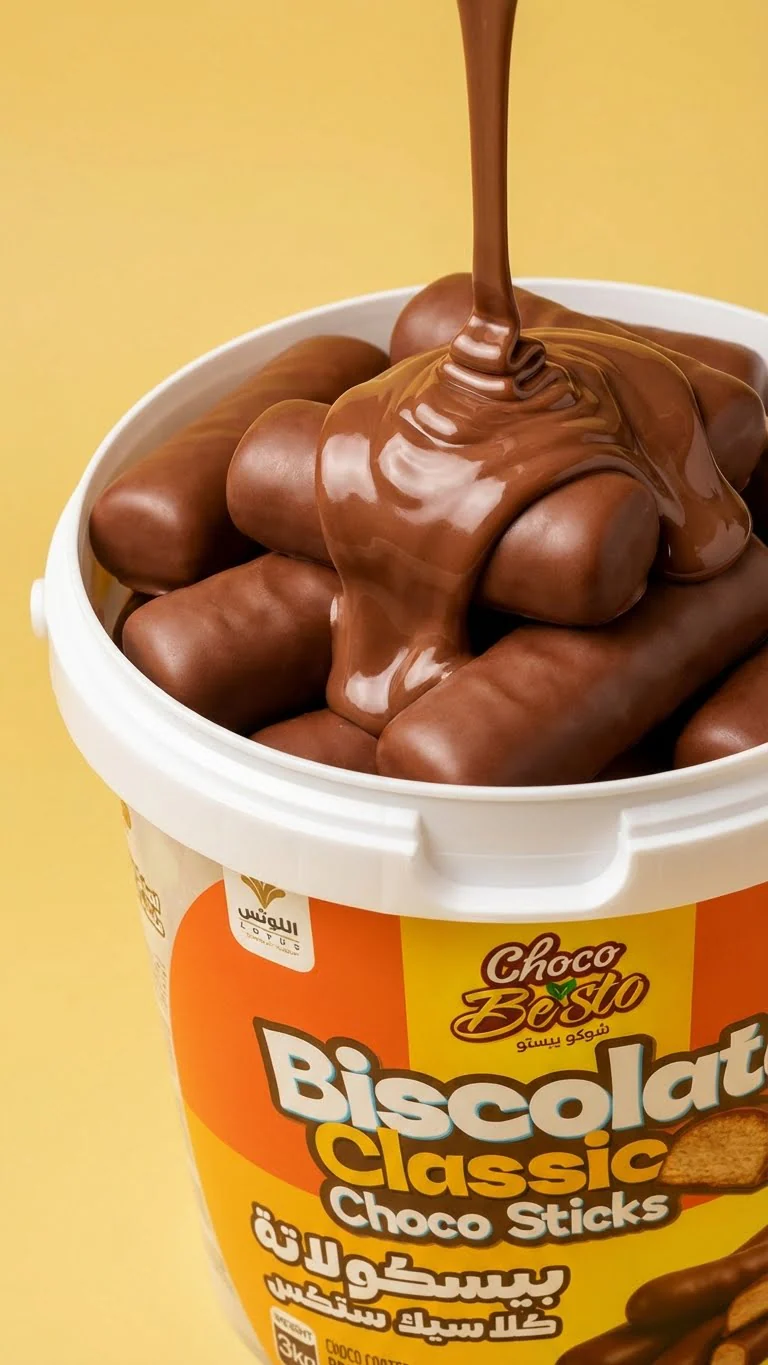 Biscolata Classic Choco Sticks tub filled with biscuits and flowing milk chocolate