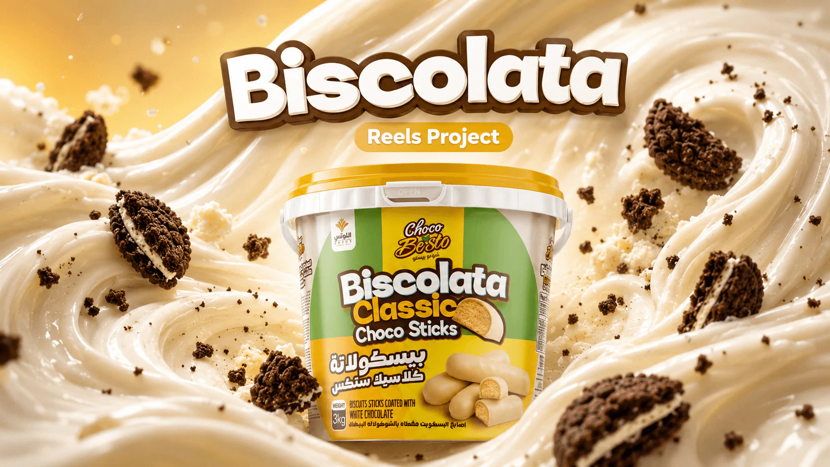 Biscolata reels campaign featuring white chocolate sticks and cookie pieces