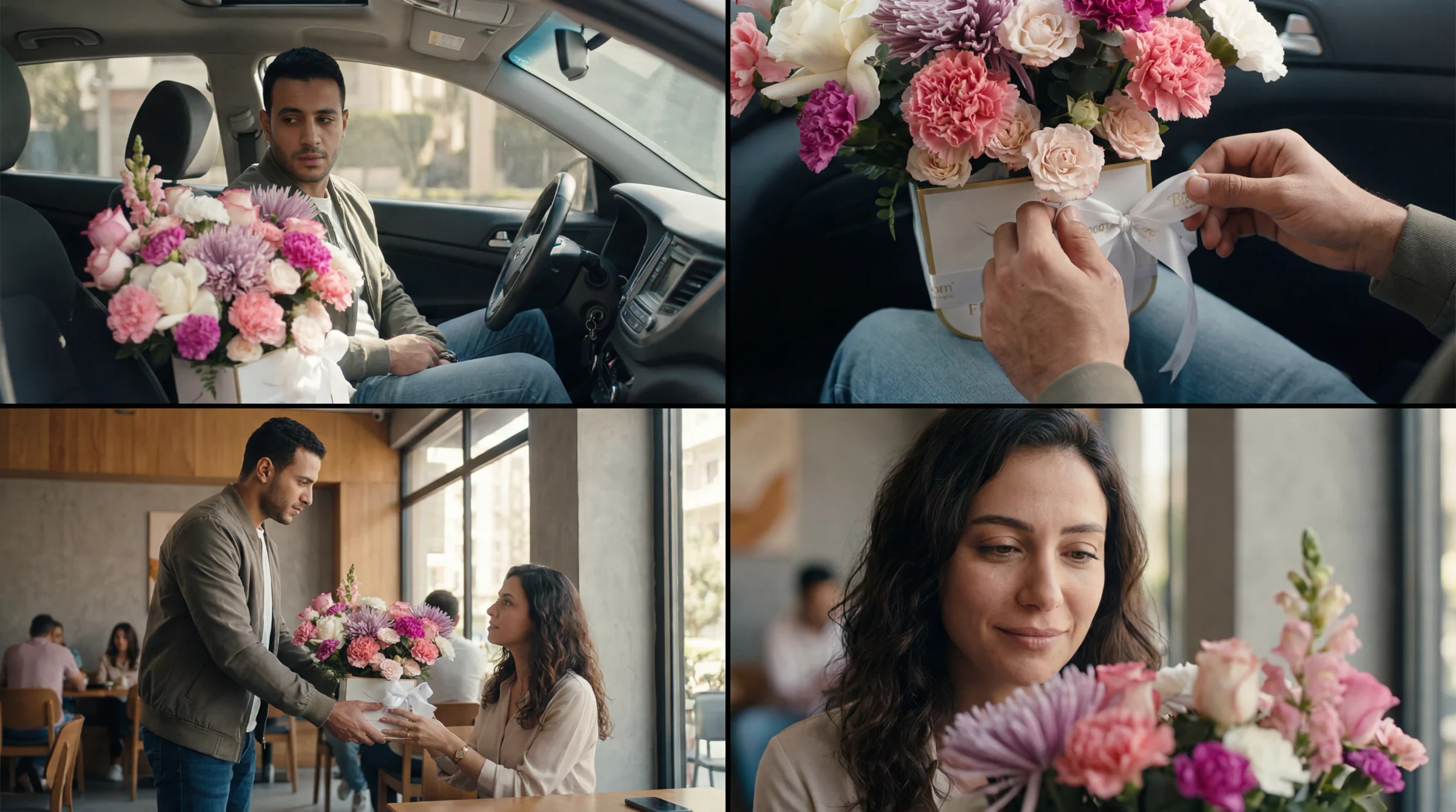 Bloom Corner storyboard showing a man buying pink flowers and presenting them to a woman