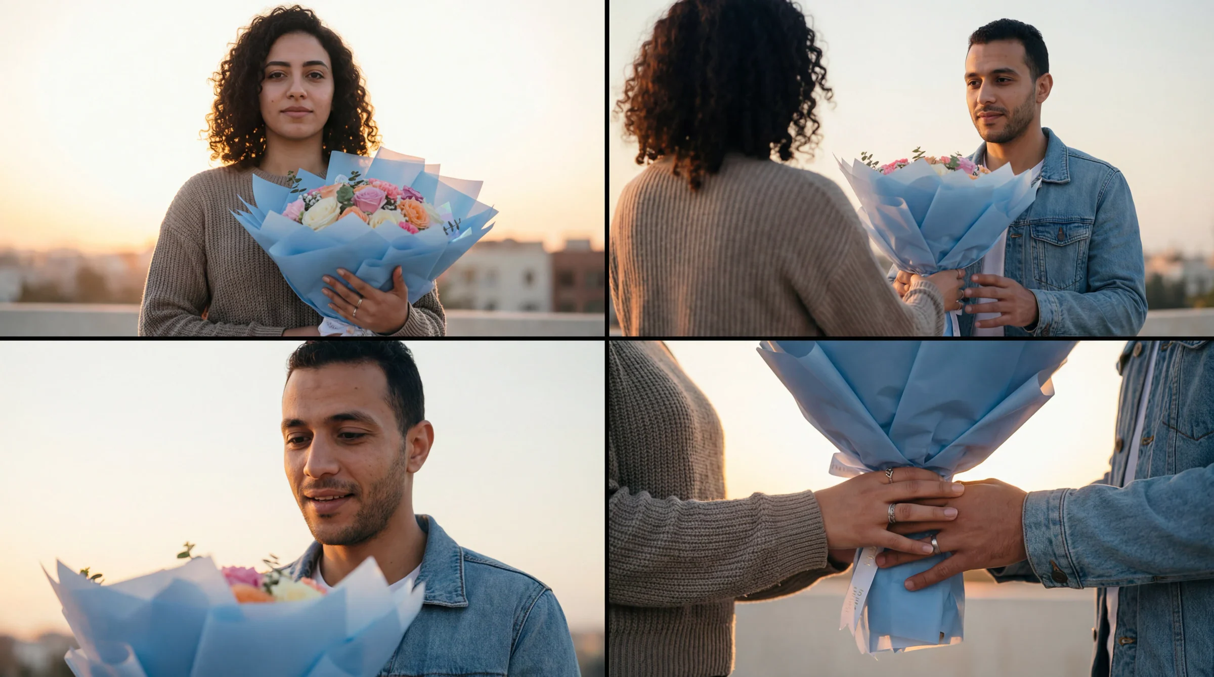 Bloom Corner storyboard showing a couple exchanging a blue-wrapped bouquet at sunset