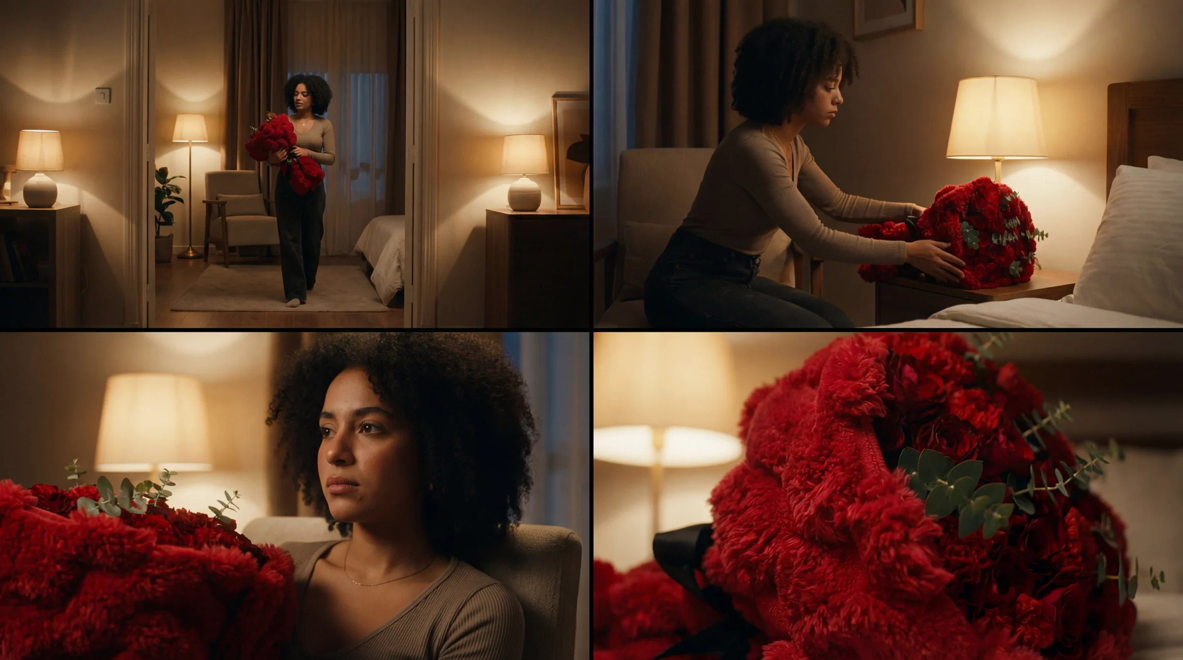 Bloom Corner storyboard showing a woman receiving red roses in a warmly lit bedroom