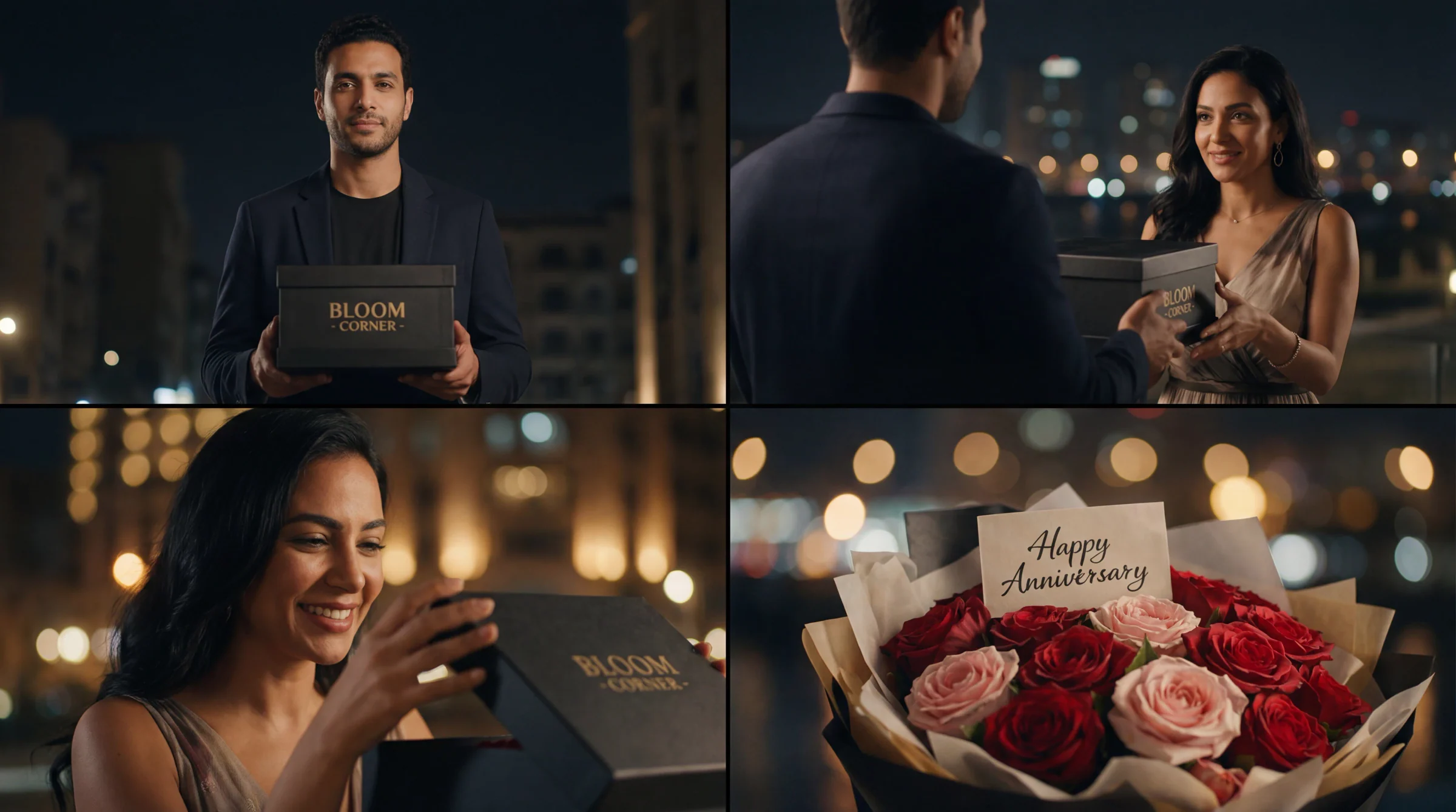 Bloom Corner storyboard showing an anniversary rose gift exchanged at night