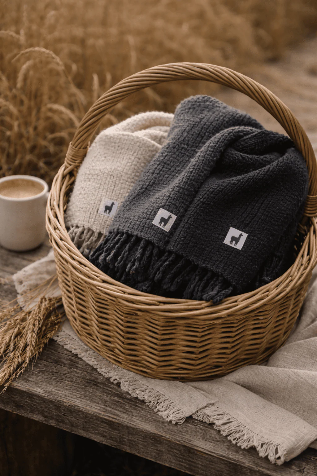 Black and grey Pokoloko scarves arranged in a wicker basket