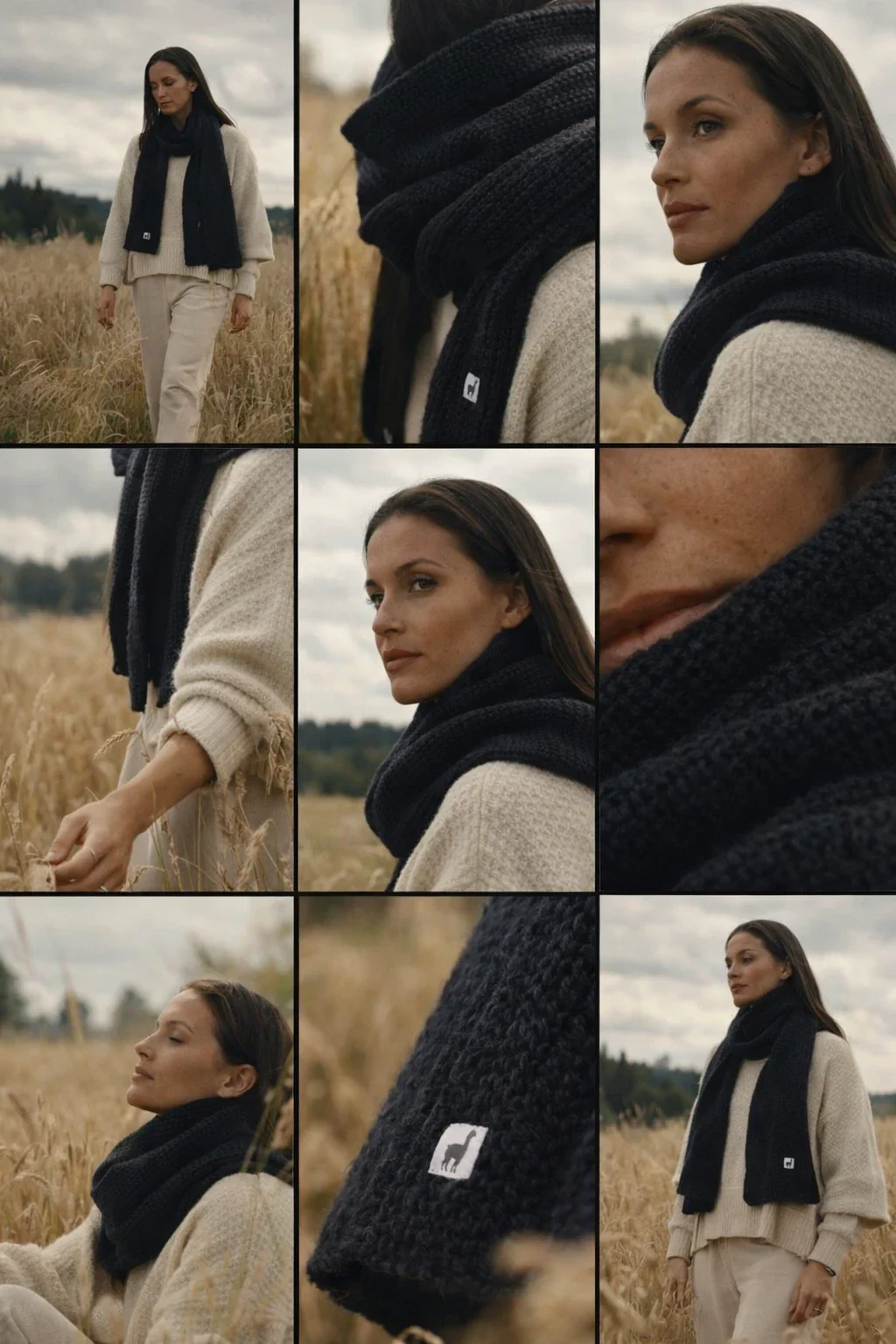 AI storyboard grid for the Pokoloko scarf cinematic reel