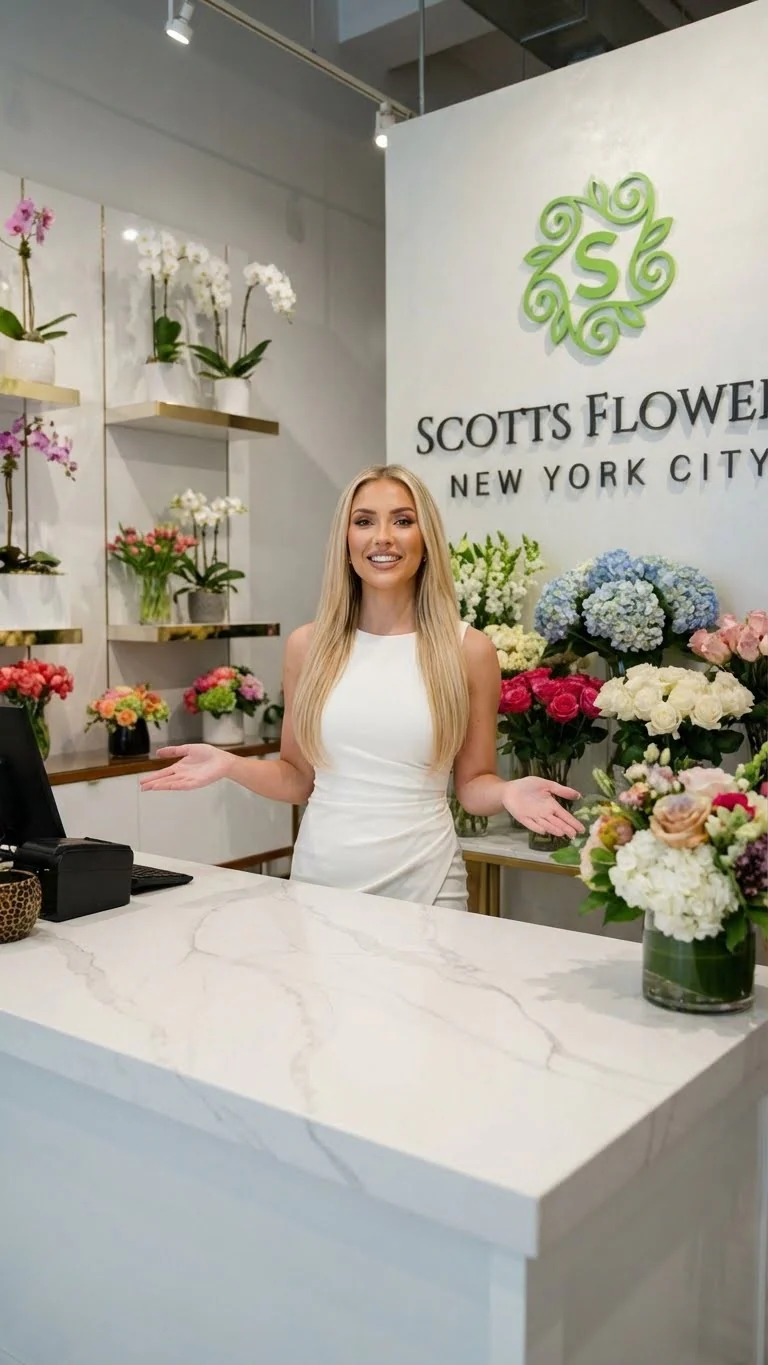 Florist standing behind the counter inside Scotts Flowers