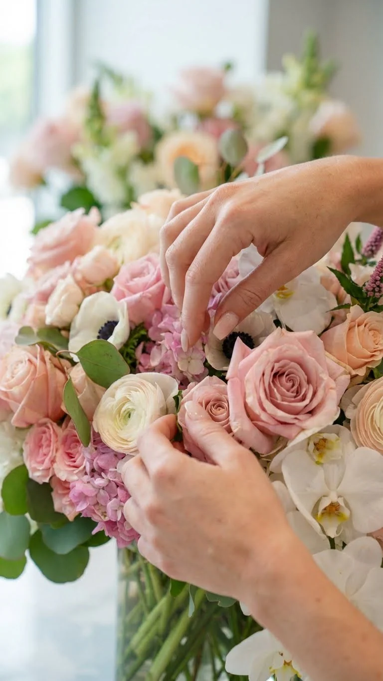 Close-up of hands arranging pink and cream roses