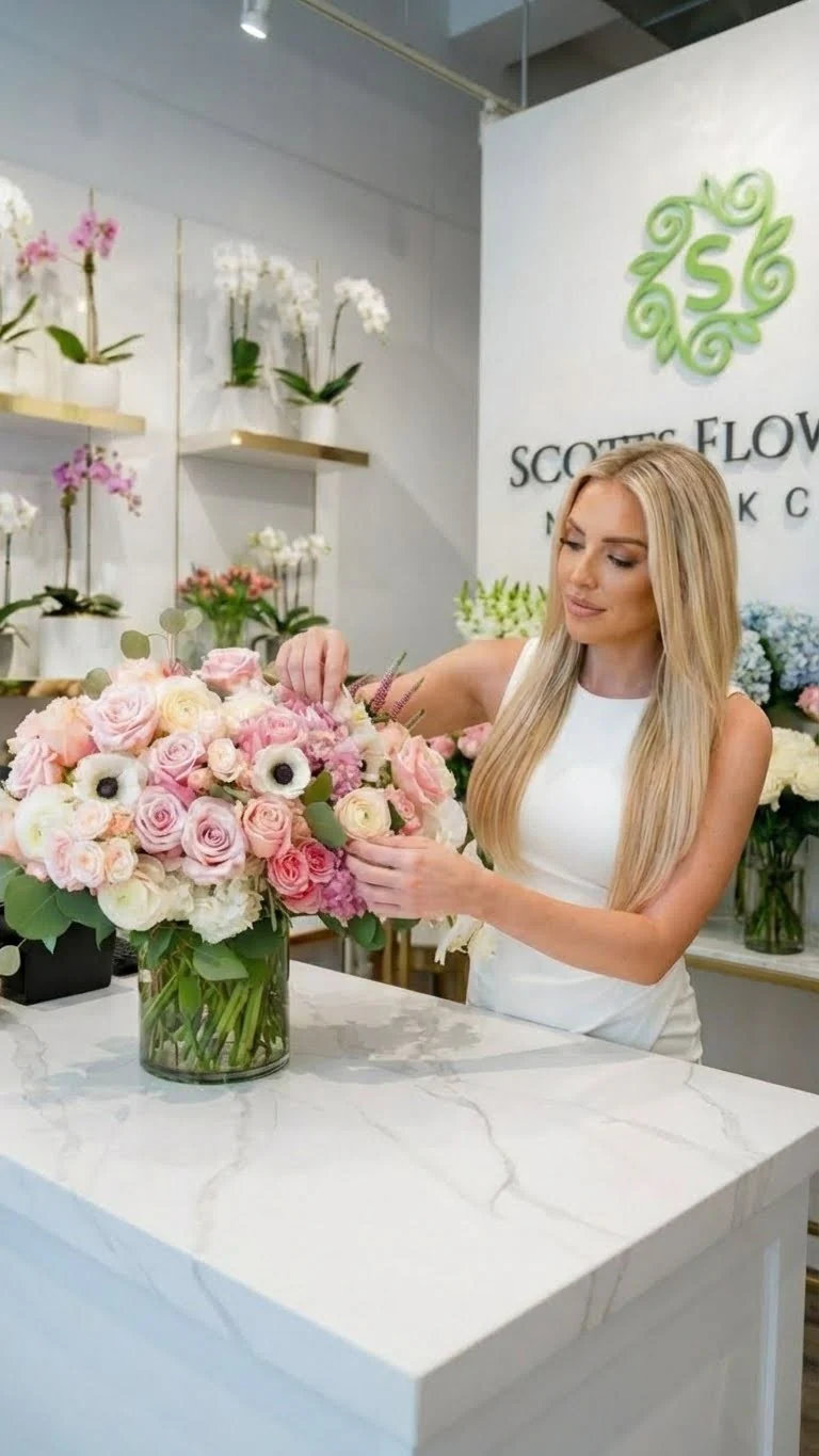 Florist arranging a pink rose bouquet inside Scotts Flowers