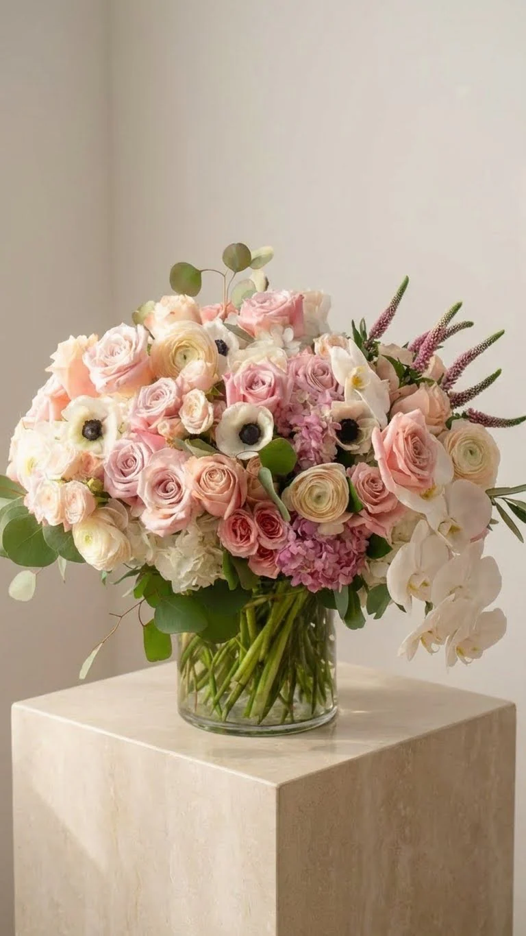 Finished pink and cream rose arrangement displayed on a pedestal