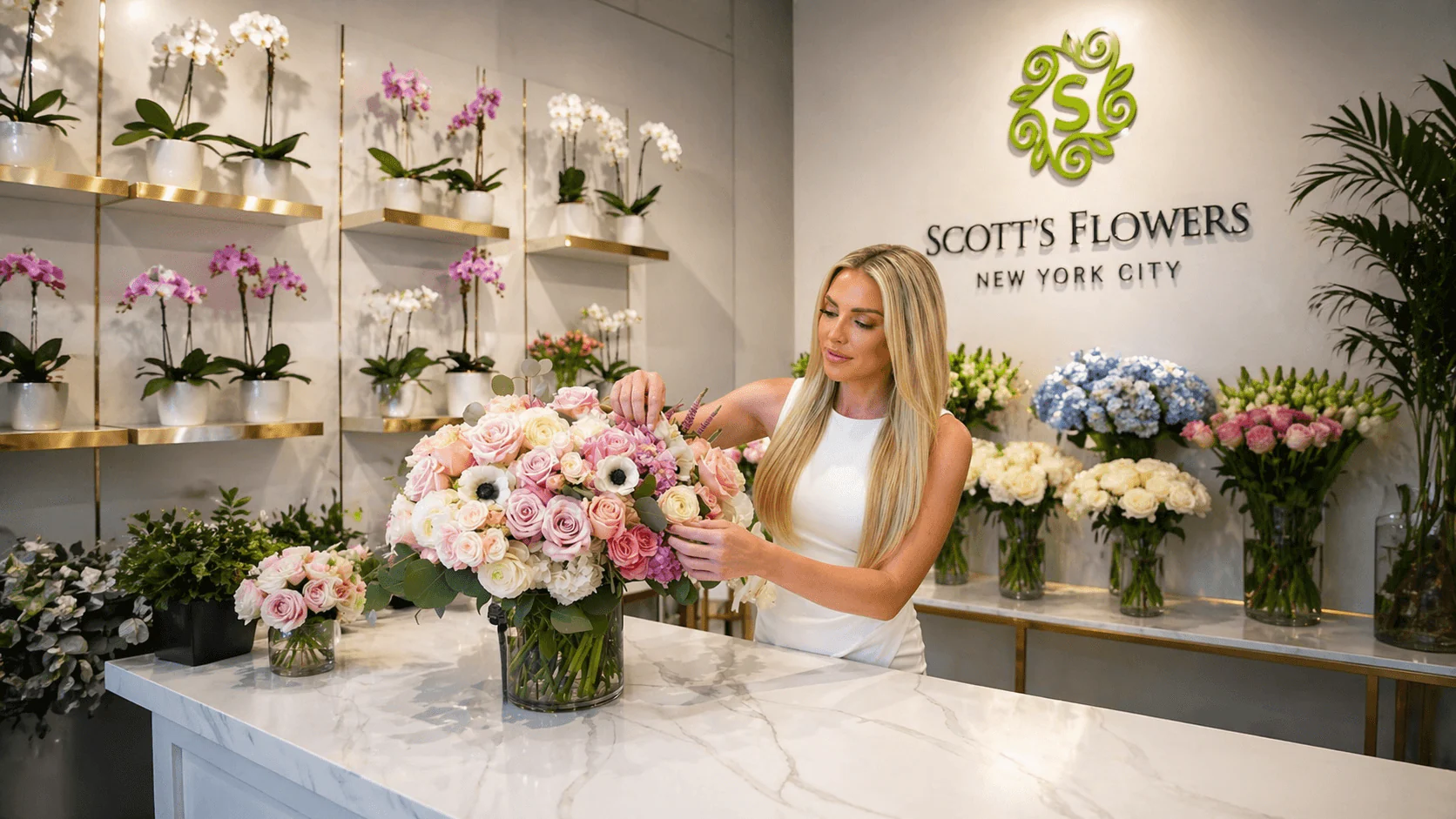 Florist arranging pink roses inside Scotts Flowers in New York City