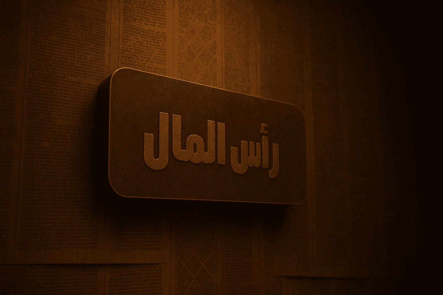 Arabic personal branding title card displayed on a wooden wall
