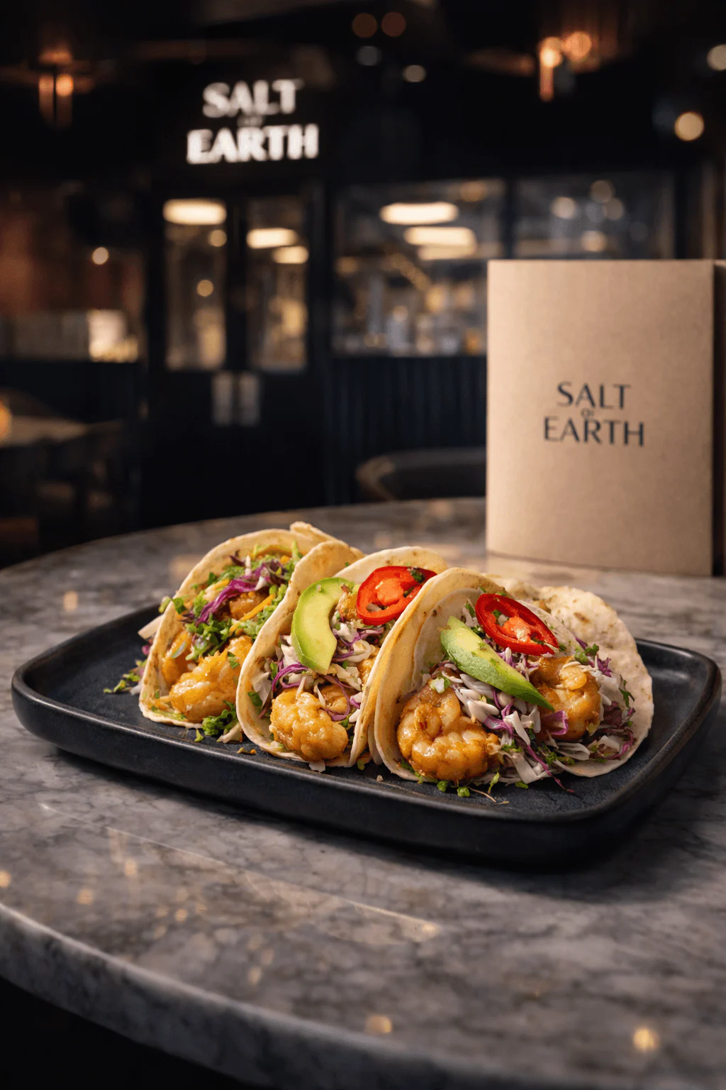 AI-generated cinematic shrimp taco presentation at Salt of Earth