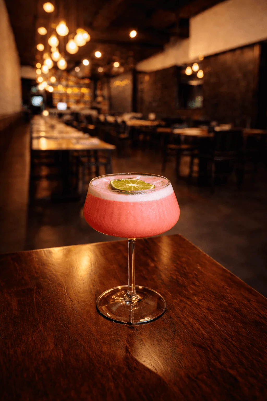 AI-generated pink cocktail staged inside a warmly lit restaurant