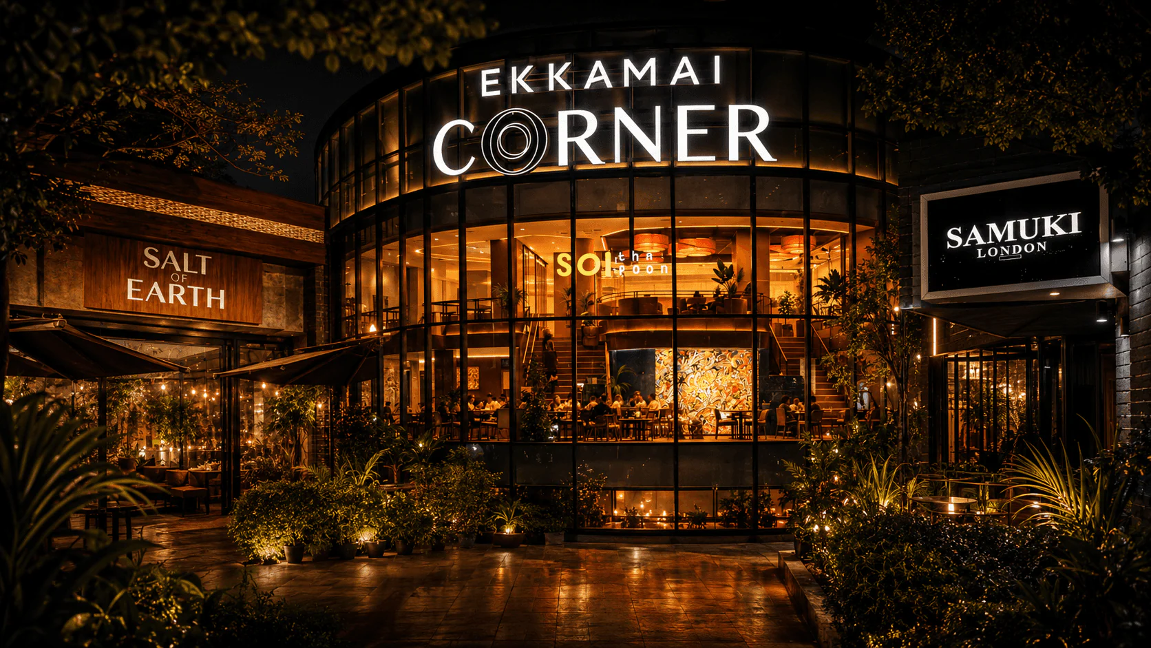 Cinematic AI restaurant montage featuring Ekkamai Corner, Salt of Earth, Sosharu and Samuki